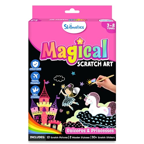 Skillmatics Scratch Art Book for Kids - Unicorns & Princesses, Craft Kits & Supplies, 30+ Scratch Stickers, Travel Toys, DIY Kit, Gifts for Girls & Boys Ages 3, 4, 5, 6, 7, 8, Multicolor - Image 1