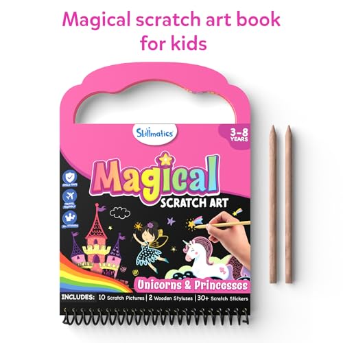 Skillmatics Scratch Art Book for Kids - Unicorns & Princesses, Craft Kits & Supplies, 30+ Scratch Stickers, Travel Toys, DIY Kit, Gifts for Girls & Boys Ages 3, 4, 5, 6, 7, 8, Multicolor - Image 3
