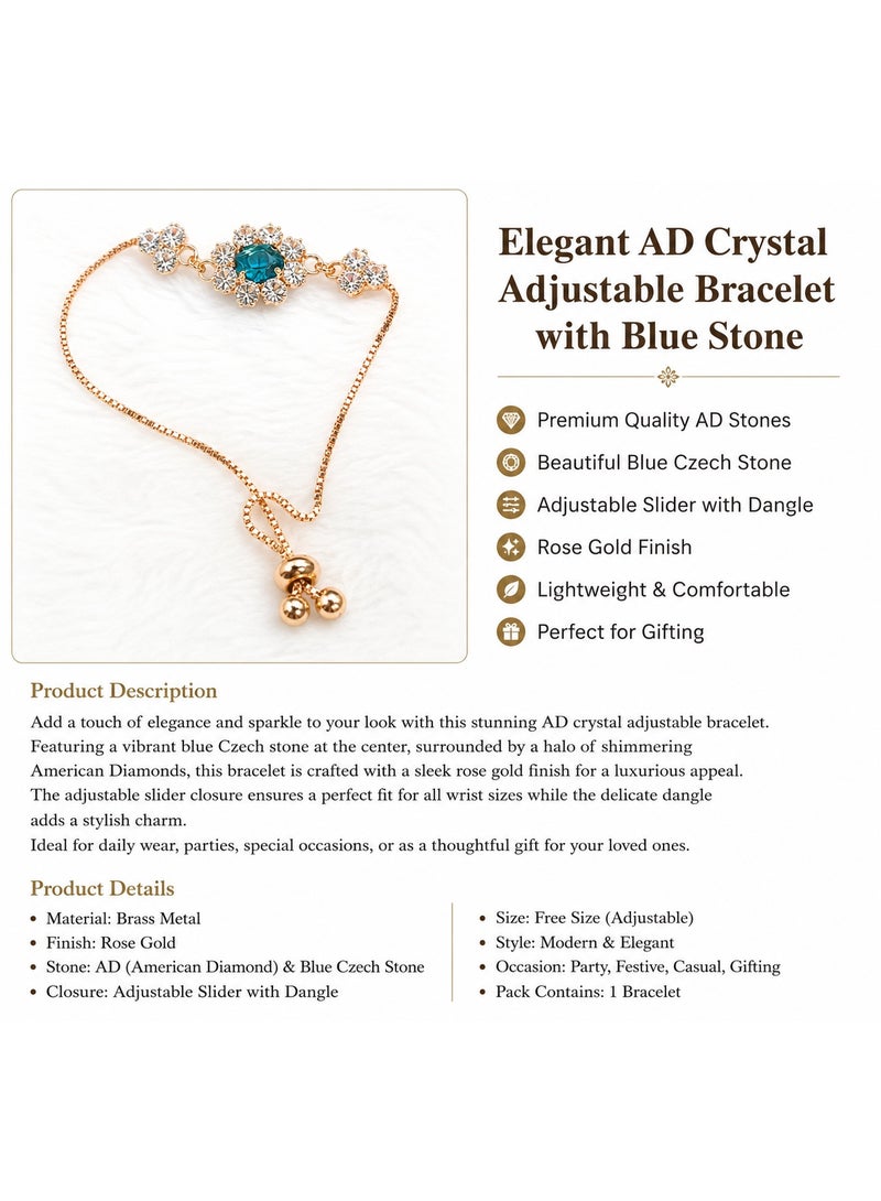 Elegant AD Crystal Adjustable Bracelet with Blue Stone – Rose Gold Finish/Rakshabandhan rakhi bracelet for sister / bhabhi - Image 2