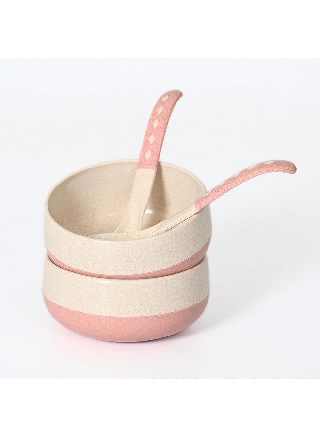 Eha Earth-Friendly Soup Bowls with Spoons|250 ml|Made with Rice Husk Biocomposite|Microwave Safe Bowl|Serving Bowl Set of 2|Innocent; pink, off-white - Image 1