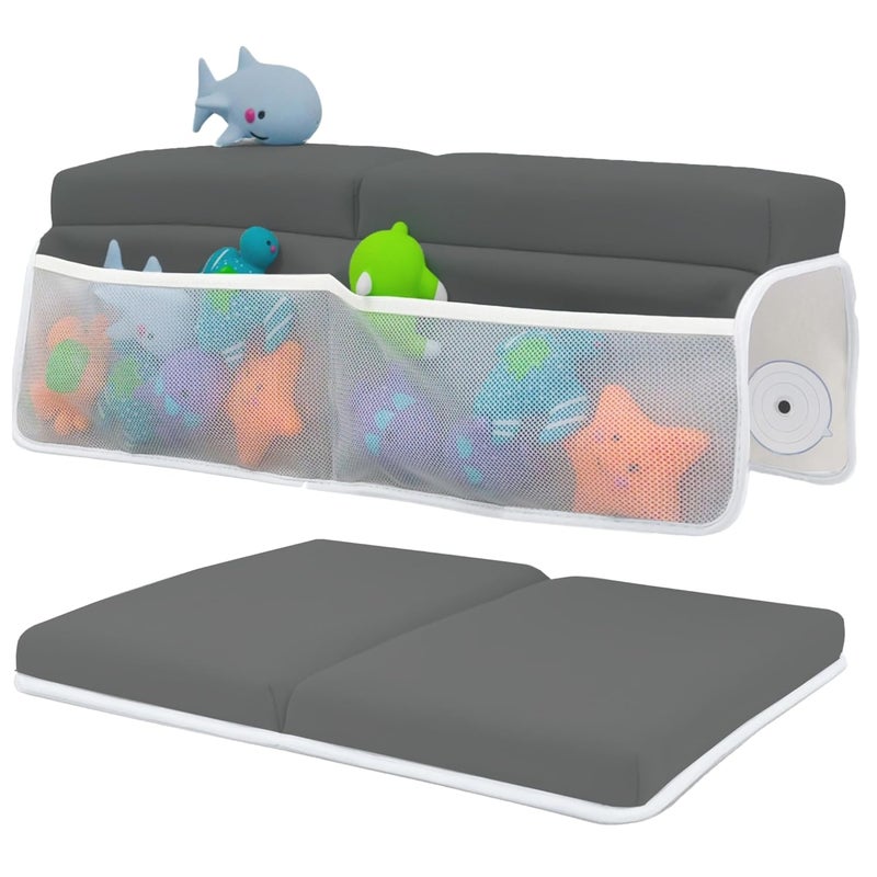 Toodly Comfortable Baby Bath Kneeler and Elbow Rest Pad Set – Thick Memory Foam Bath Kneeling Pad with Elbow Support – Baby Bathtub Cushion with Toy Organizer for Bathing Infant or Toddler - Dark Grey - Image 1