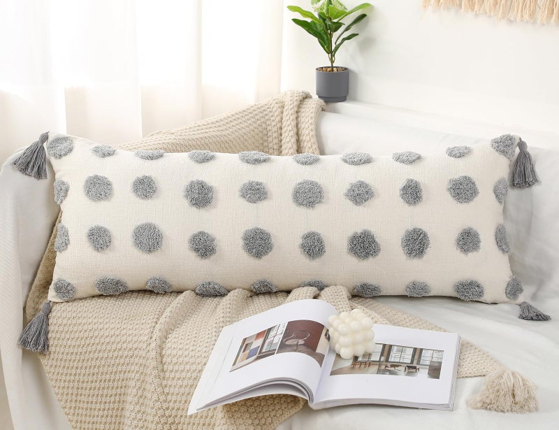 PANOD Decorative Long Lumbar Pillow Cover 16x36 Boho Super Soft Chenille Extra Long Lumbar Pillow Case Cover with Tassel for Bed Sofa Couch Farmhouse Livingroom Grey Modern Skinny - Image 2