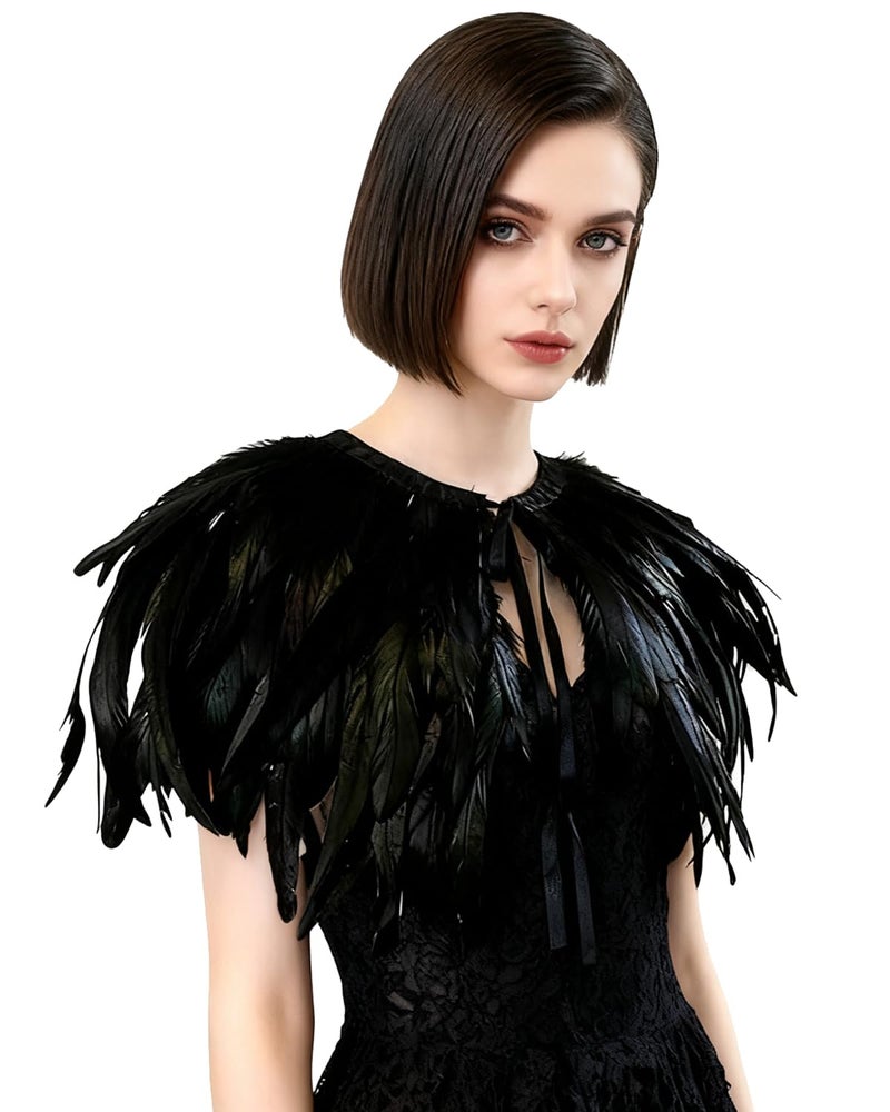 L'VOW Black Gothic Victorian Natural Feather Cape Shawl Stole Poncho With Choker Collar (X- Black) - Image 1