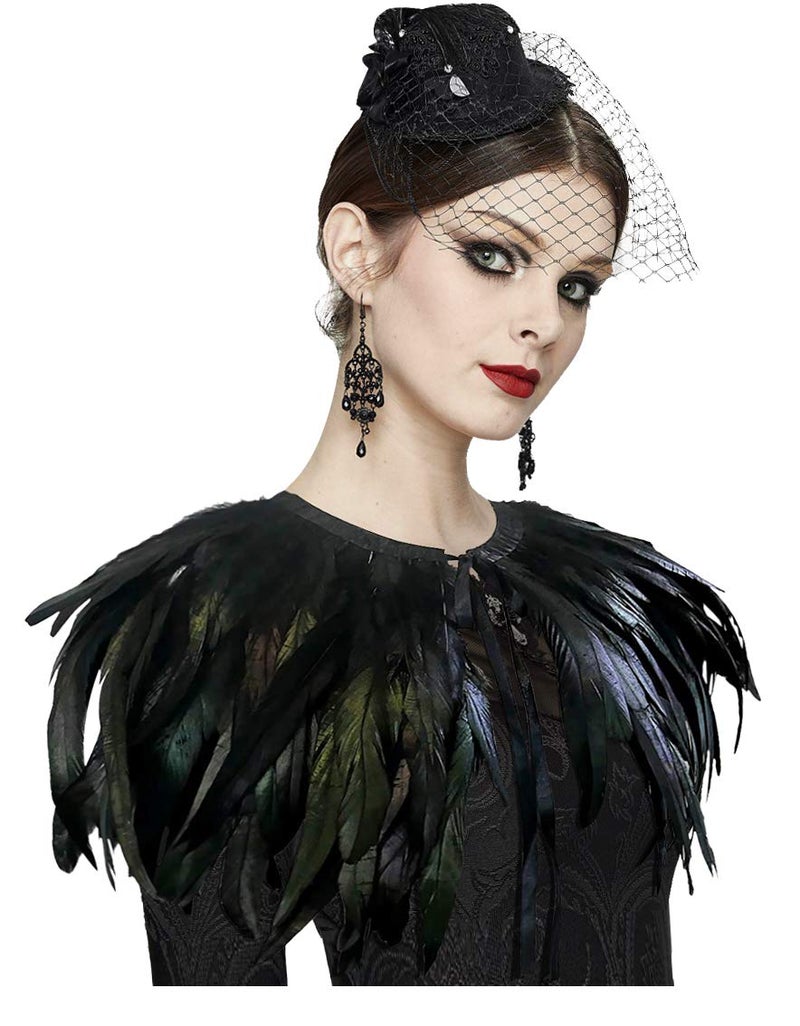 L'VOW Black Gothic Victorian Natural Feather Cape Shawl Stole Poncho With Choker Collar (X- Black) - Image 2
