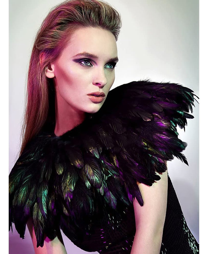L'VOW Black Gothic Victorian Natural Feather Cape Shawl Stole Poncho With Choker Collar (X- Black) - Image 3