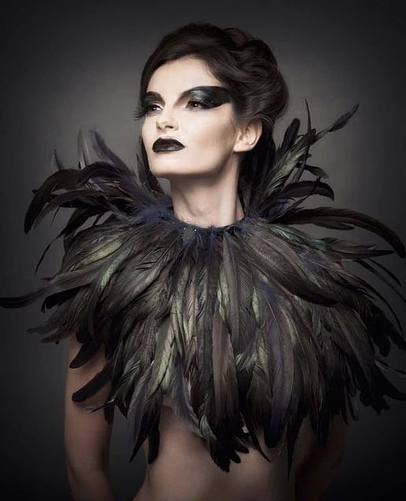 L'VOW Black Gothic Victorian Natural Feather Cape Shawl Stole Poncho With Choker Collar (X- Black) - Image 5