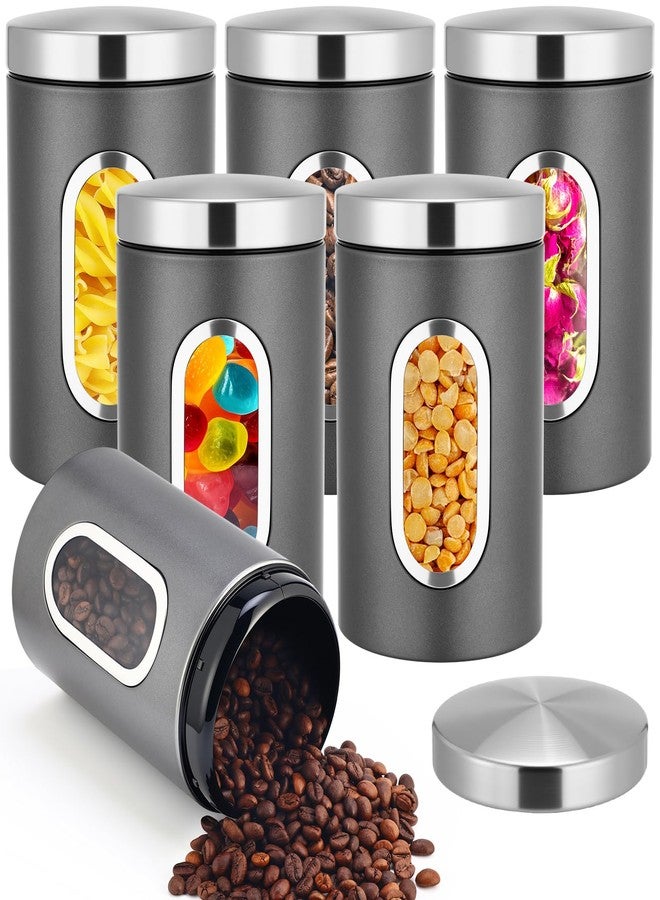زوبيل مجموعة زوبيل من 6 علب جرافيت للمطبخ، سعة 50 أونصة، مصنوعة من الفولاذ المقاوم للصدأ، مزودة بنافذة شفافة، مثالية لحفظ الدقيق والسكر، أو كعلبة معدنية أنيقة لوضعها على سطح المطبخ، أو لحفظ القهوة والشاي. - Image 1