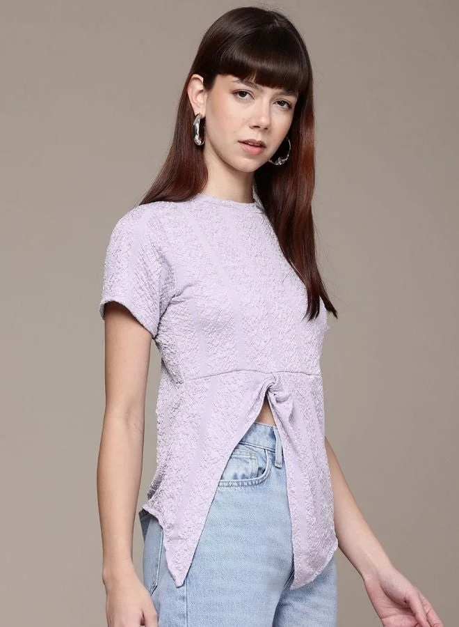 Women Regular Fit Textured Crew Neck Short Sleeve Knotted Top