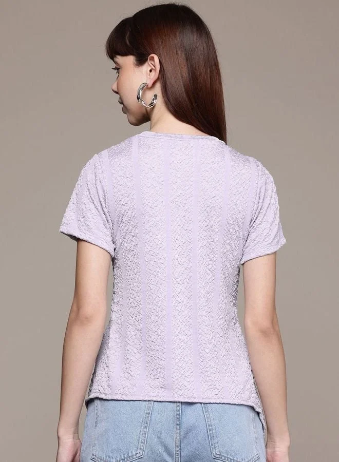 Freehand  Women Regular Fit Textured Crew Neck Short Sleeve Knotted Top  | Best Price UAE