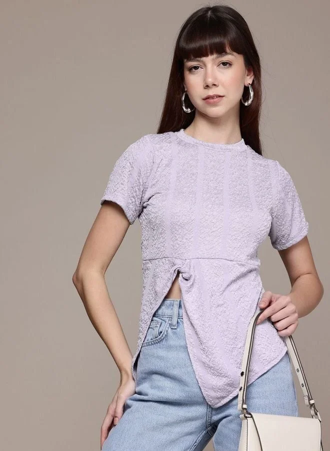 Freehand  Women Regular Fit Textured Crew Neck Short Sleeve Knotted Top  | Best Price UAE