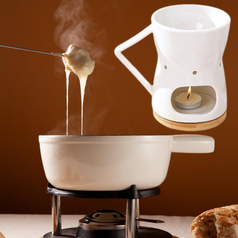 Ceramic Fondue Set With Bamboo Wood Base Butter Heater Melting Pot For Family Gatherings Gift Giving - Image 5