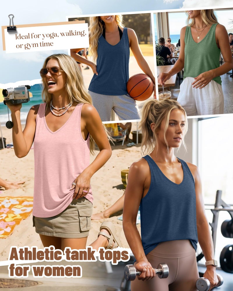 Huukeay 3 Pack Women's Tank Tops V Neck Summer Racerback Tops Loose Fit Casual Sleeveless Tee Workout Yoga Athletic Shirts(Pea Green, Light Pink, Haze Blue,Medium) - Image 3