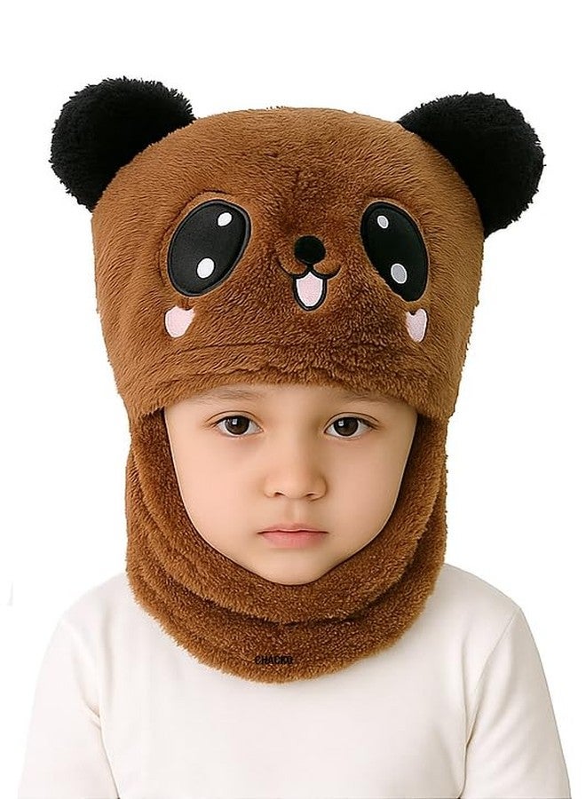 CHACKO Winter Woolen Kids Cap with Ear & Neck Protection | Panda Design Beanie Hat for Boys & Girls (Age 2-5 Years) - Brown, 1 Count - Image 1