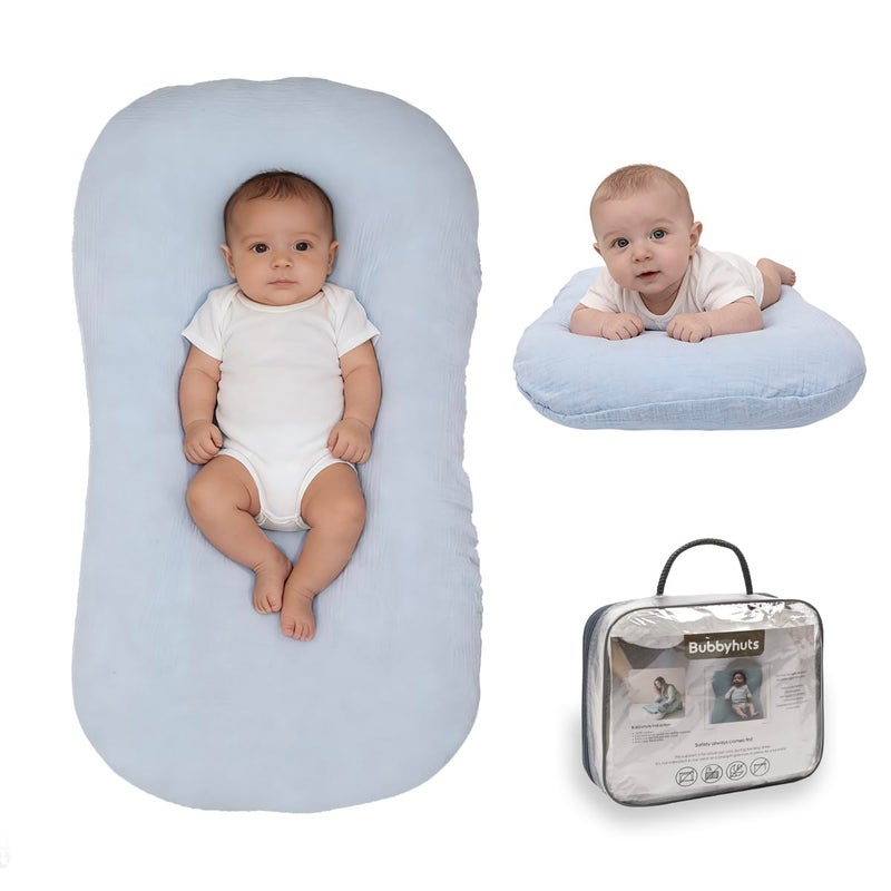 Bubbyhuts Baby Lounger - Snuggle Cozy Me Infant Lounger for Newborn 0-12 Months, Muslin Coverï¼ŒPortable Breathable & Soft Baby Nest Lounger for Home and Travel - Blue - Image 1