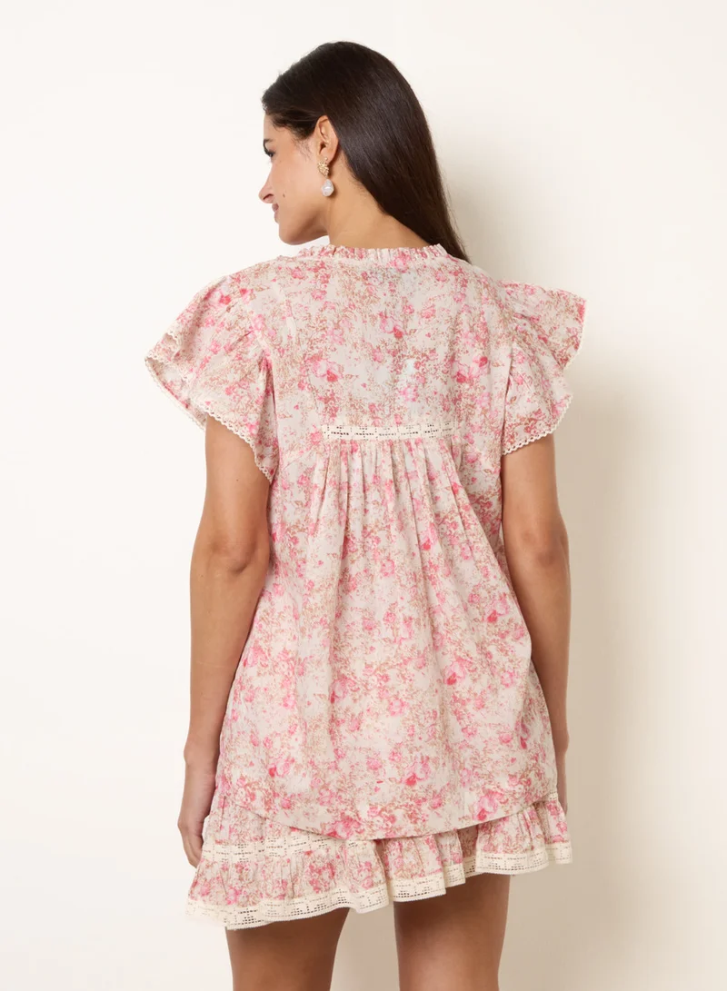 بلو فانيلا Ditsy Floral Cotton Ruffle Sleeve Top