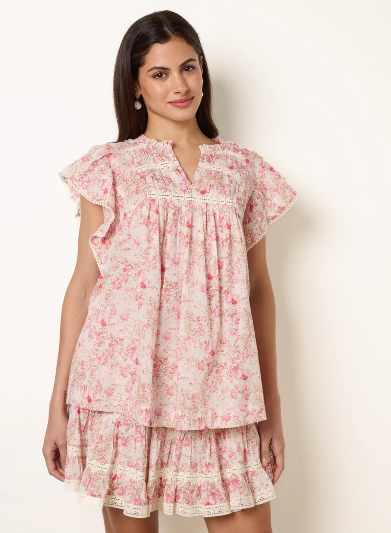 بلو فانيلا Ditsy Floral Cotton Ruffle Sleeve Top