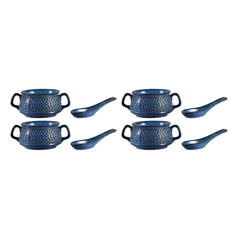 Caffeine Ceramic Handmade Blue Bubble Double Handled Soup Bowl Set of 4 - Image 1