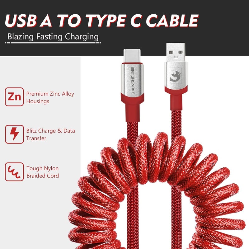 MAMBASNAKE كابل USB-C ملفوف من MAMBASNAKE للوحة مفاتيح الألعاب، مضفر من النايلون مع موصل طيار معدني قابل للفصل، نوع C فائق السرعة مع معدل إرجاع 8 كيلوهرتز، طول 4.92 قدم (C01Pro/أحمر) - Image 5