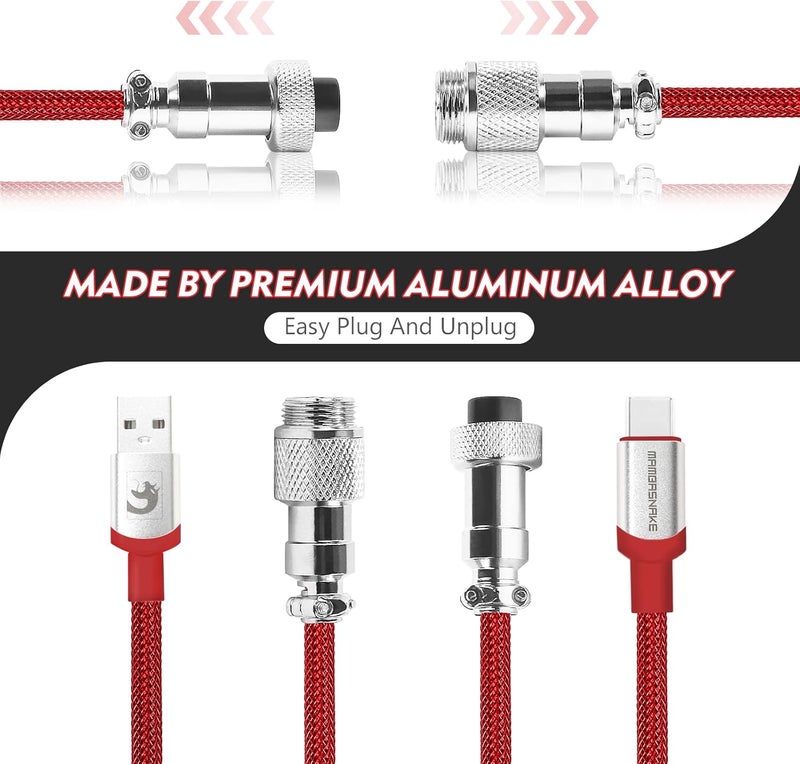 MAMBASNAKE كابل USB-C ملفوف من MAMBASNAKE للوحة مفاتيح الألعاب، مضفر من النايلون مع موصل طيار معدني قابل للفصل، نوع C فائق السرعة مع معدل إرجاع 8 كيلوهرتز، طول 4.92 قدم (C01Pro/أحمر) - Image 4