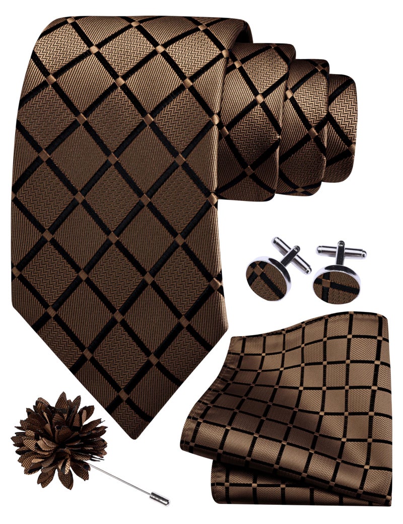 GUSLESON Brown Mens Plaid Checkered Wedding Necktie Pocket Square Cufflinks and Lapel Pin Brooch Set (IN6104-37) - Image 1