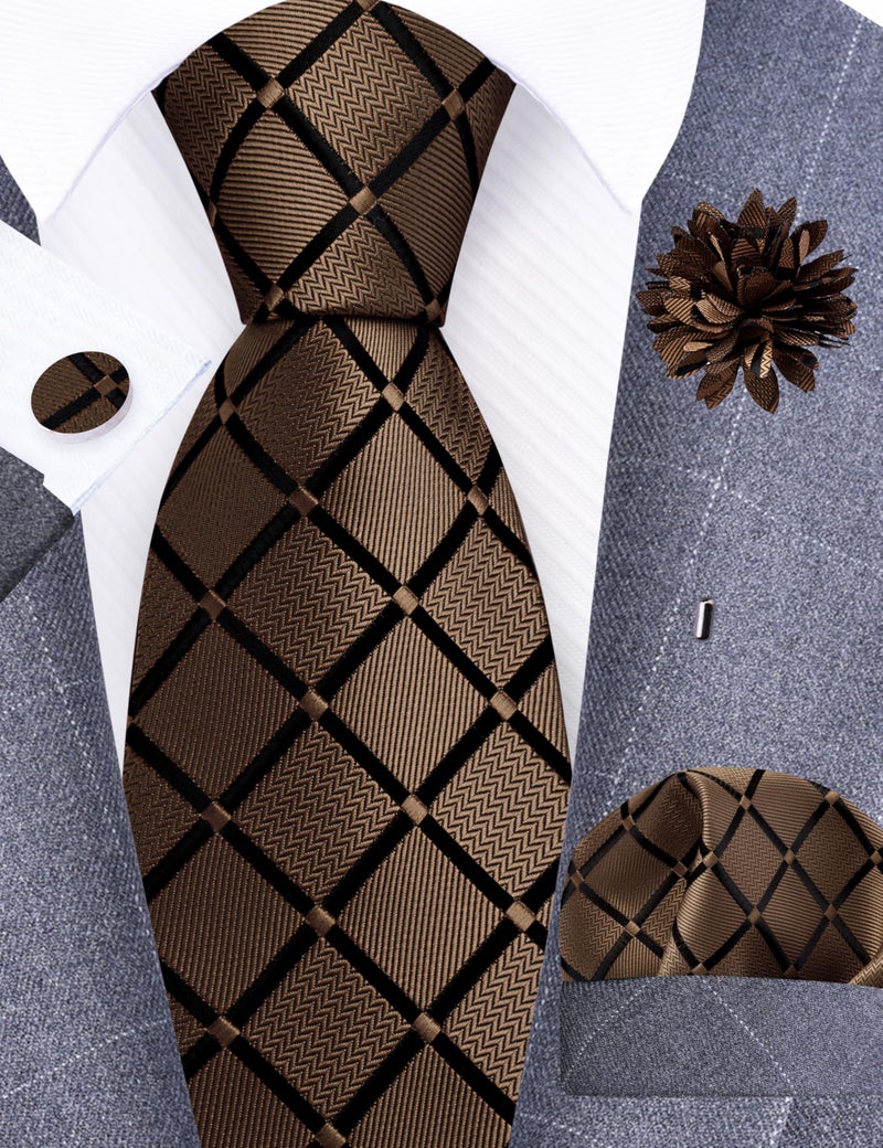 GUSLESON Brown Mens Plaid Checkered Wedding Necktie Pocket Square Cufflinks and Lapel Pin Brooch Set (IN6104-37) - Image 2