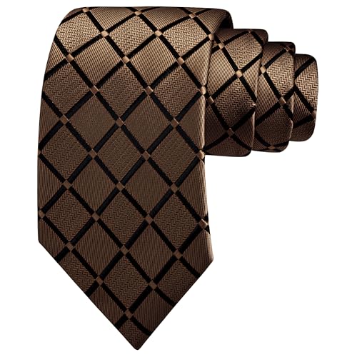 GUSLESON Brown Mens Plaid Checkered Wedding Necktie Pocket Square Cufflinks and Lapel Pin Brooch Set (IN6104-37) - Image 3