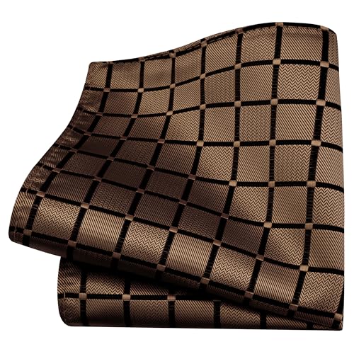 GUSLESON Brown Mens Plaid Checkered Wedding Necktie Pocket Square Cufflinks and Lapel Pin Brooch Set (IN6104-37) - Image 4