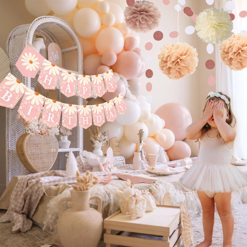 Aurasys Blush Beige Birthday Decorations, Party DÃ©cor for Women, Boho Party Decorations, Daisy Flower Birthday Banner, Champagne Fringe Curtain - Image 4