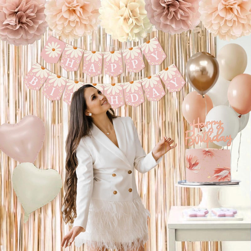 Aurasys Blush Beige Birthday Decorations, Party DÃ©cor for Women, Boho Party Decorations, Daisy Flower Birthday Banner, Champagne Fringe Curtain - Image 3