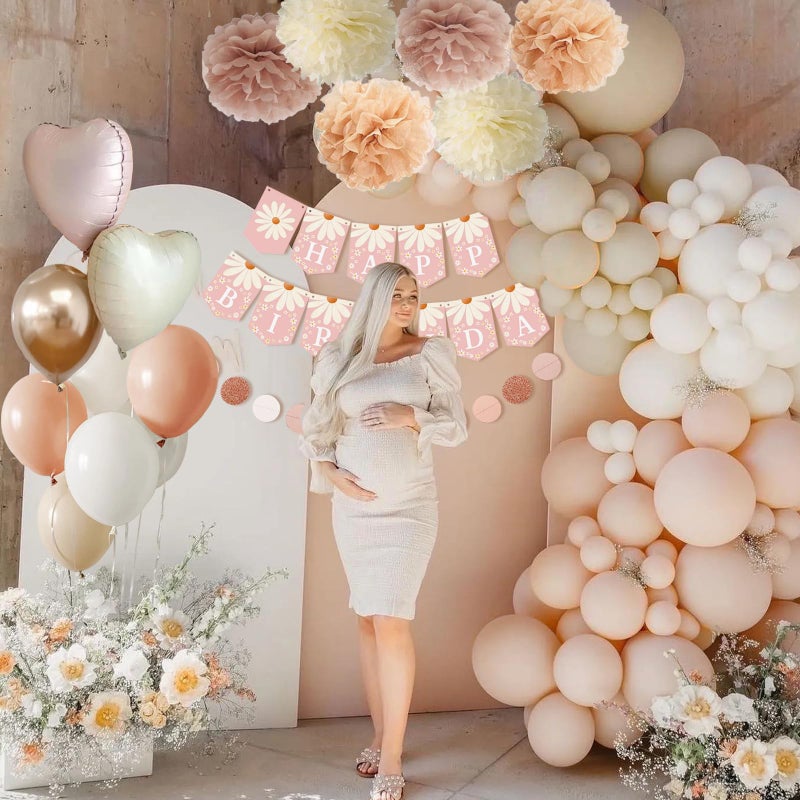 Aurasys Blush Beige Birthday Decorations, Party DÃ©cor for Women, Boho Party Decorations, Daisy Flower Birthday Banner, Champagne Fringe Curtain - Image 5