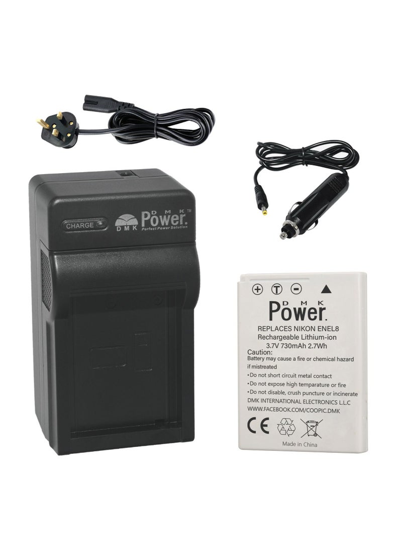 DMK Power بطارية كاميرا DMK Power EN-EL8 بسعة 730mAh مع شاحن TC600C متوافق مع نيكون كولبيكس P1 P2 S1 S2 S3 S5 S6 S7 S7c كولبيكس S8 S9 S50 S51 S51c S52 S52c كول-ستايشن MV-11 MV-121 - Image 1