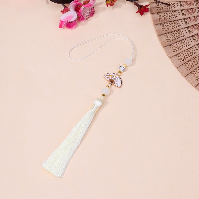 Generic Diamond Ball white fan tassel tassel Palace style cheongsam hanging tassel Han clothing accessories car hanging bag Press placket round beads hanging beard rice white