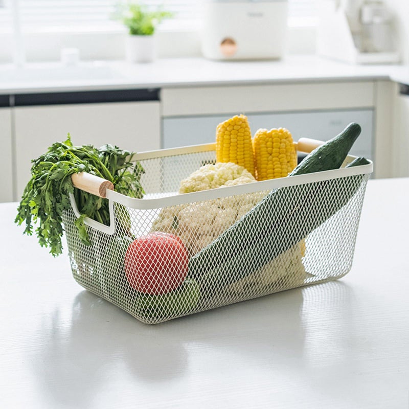AJIODA Metal Mesh Steel Basket, Large Wire Storage Organizer Basket Multi-function Hanging Kitchen Baskets with Wood Handle for Kitchen Bathroom Picnic Home, Rectangle-Off White - Image 2