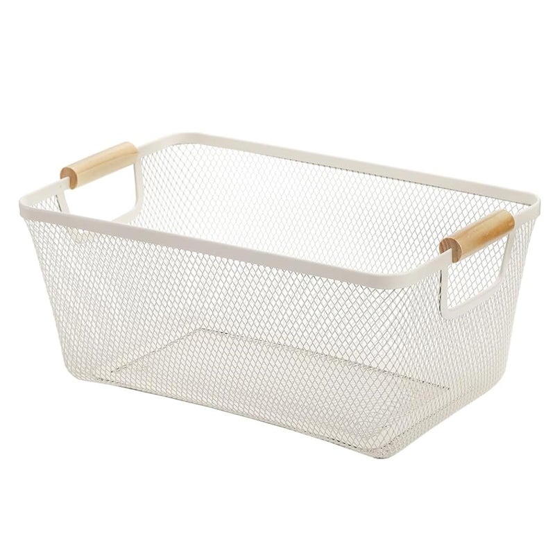 AJIODA Metal Mesh Steel Basket, Large Wire Storage Organizer Basket Multi-function Hanging Kitchen Baskets with Wood Handle for Kitchen Bathroom Picnic Home, Rectangle-Off White - Image 1