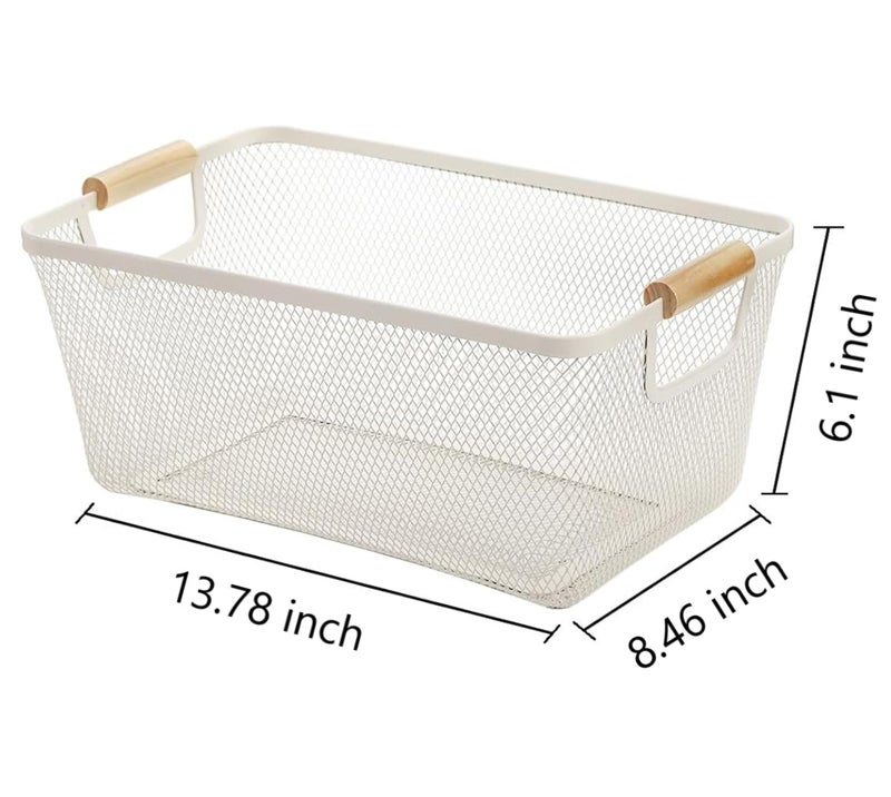 AJIODA Metal Mesh Steel Basket, Large Wire Storage Organizer Basket Multi-function Hanging Kitchen Baskets with Wood Handle for Kitchen Bathroom Picnic Home, Rectangle-Off White - Image 4
