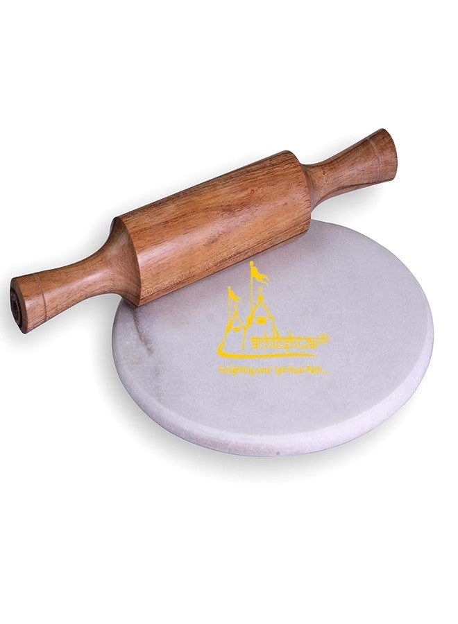 Achleshwar Marble Chakla Belan Set | Round Roti Maker with Wooden Rolling Pin | Smooth Surface for Cooking & Chopping | Anti Skid Base Design | White & Brown | 10 Inch - Image 1