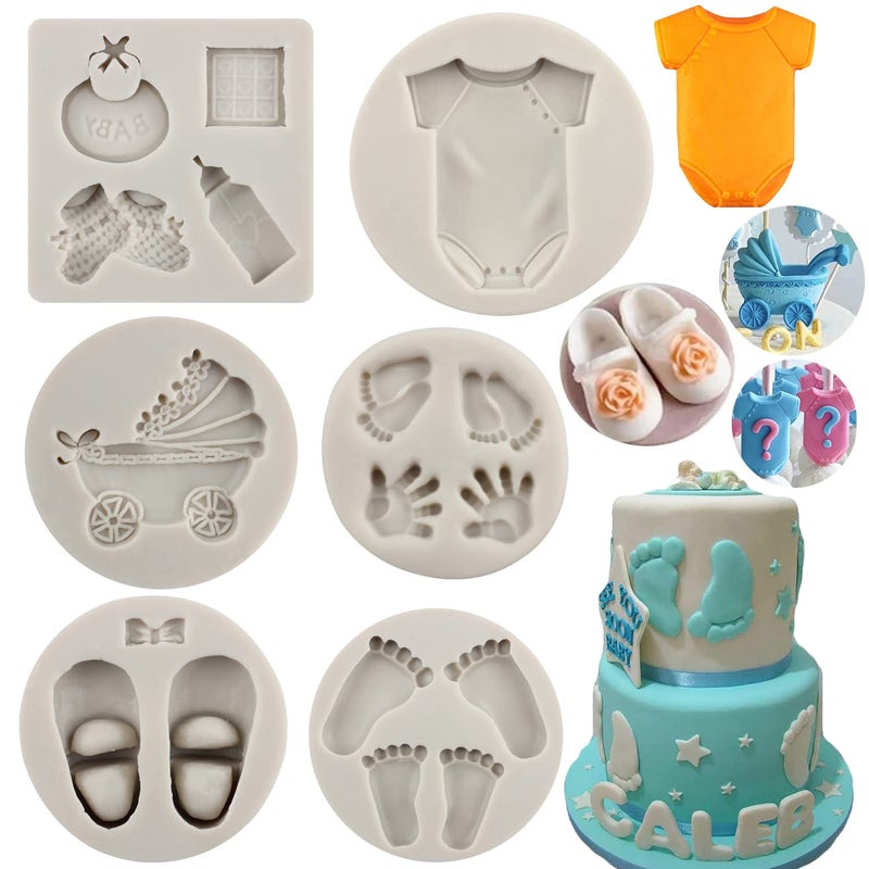 Sijiangmold Baby Silicone Mold Baby Shower Themed Cake Fondant Molds Baby Feet Baby Bottle Cradles Mold For Baby Birthday Cake Decorating Chocolate Gum Paste Polymer Clay Set Of 6 - Image 1