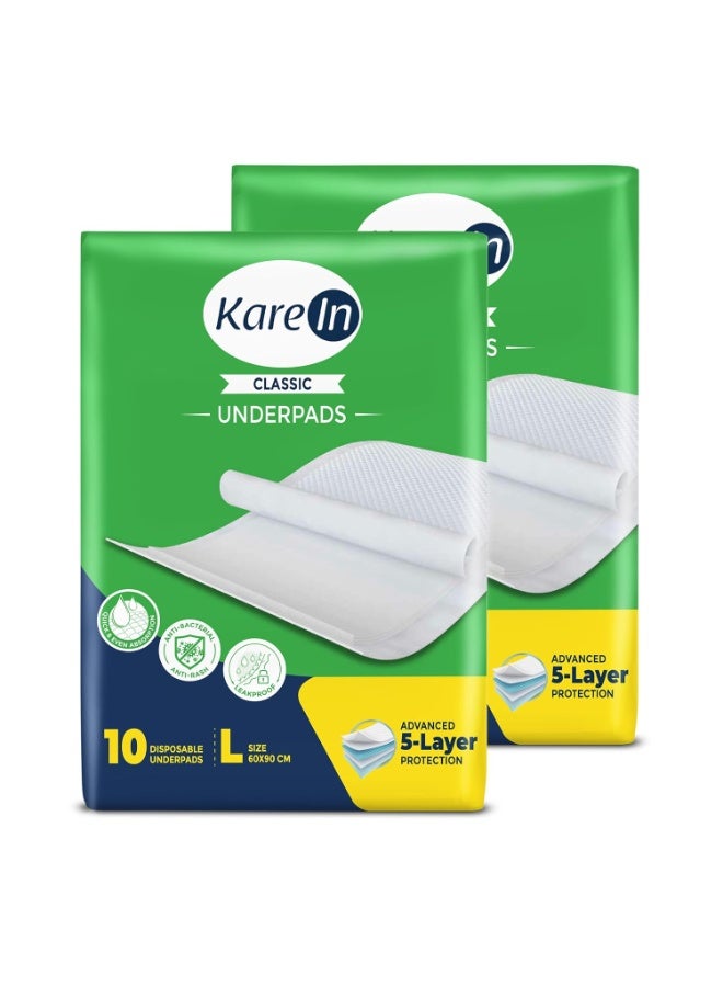 KareIn Classic Underpads For Adults, Large 60 x 90 cm, 20 Unit, Highly Absorbent, Anti-Bacterial, Rash Protection, Leak Proof, Protects Surfaces from Incontinence, Odor Control, Super Soft - Image 1