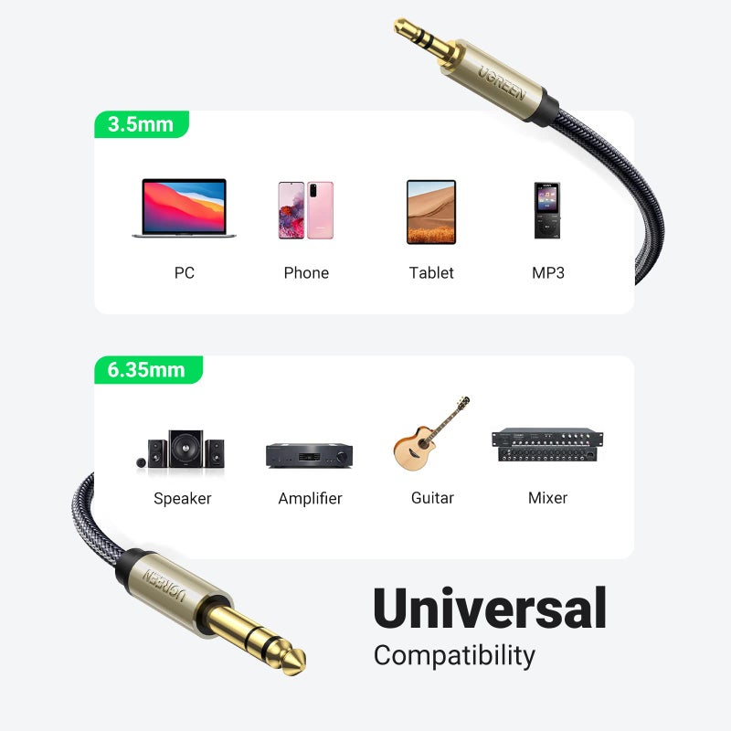 UGREEN 1/8 to 1/4 Stereo Cable 3.5mm TRS to 6.35mm Audio Cable Guitar to Aux Male Cord with Zinc Alloy Housing and Nylon Braid for Guitar, Laptop, Home Theater Devices, Speaker and Amplifiers 6.6FT - Image 5