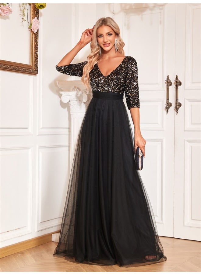 Madam Uniq Black Sequin - Embellished V - Neck Tulle Evening Gown - Image 1
