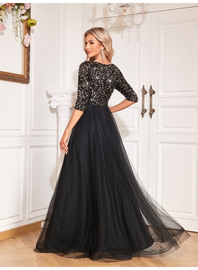 Madam Uniq Black Sequin - Embellished V - Neck Tulle Evening Gown - Image 2