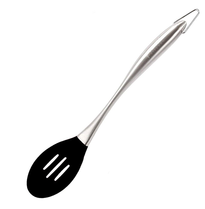 P-Plus International Stainless Steel Handle Silicone Slotted Serving Spoon, Nonstick Mixing Spoon, Heat Resistant up to 480°F. Silicone Kitchen Cooking Utensils Non-Stick Baking Tool Black Pack of 1 - Image 4