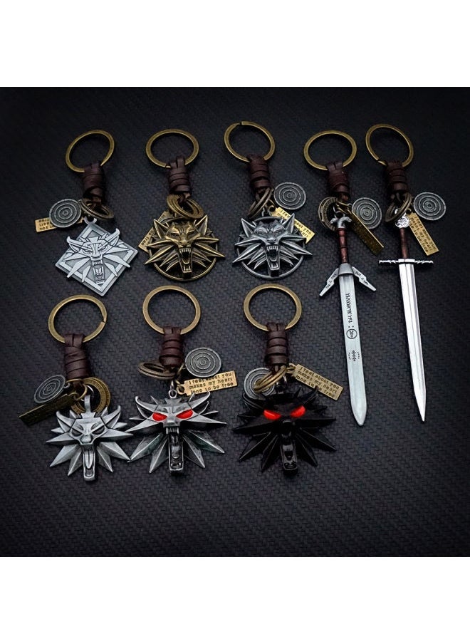 Wolf Keychain Geralt Sword Leather Key Chain Yennefer Cirilla Keyring Keychains for Men Anime Accessories Ring llaveros-Color:5