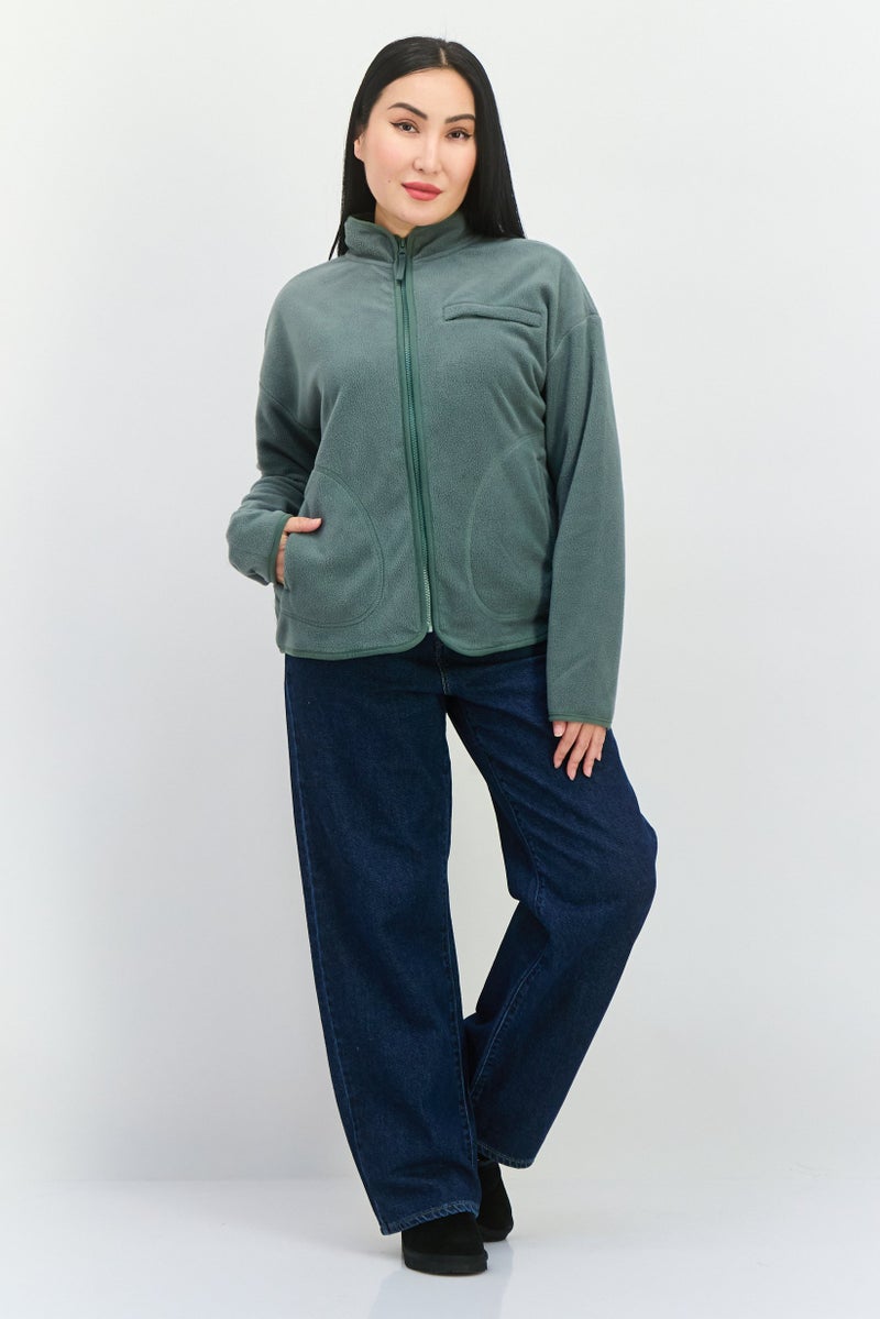 Bearpaw سويت شيرت كامل بسحاب بأكمام طويلة من القماش المنقوش للنساء، زيتوني - Image 3