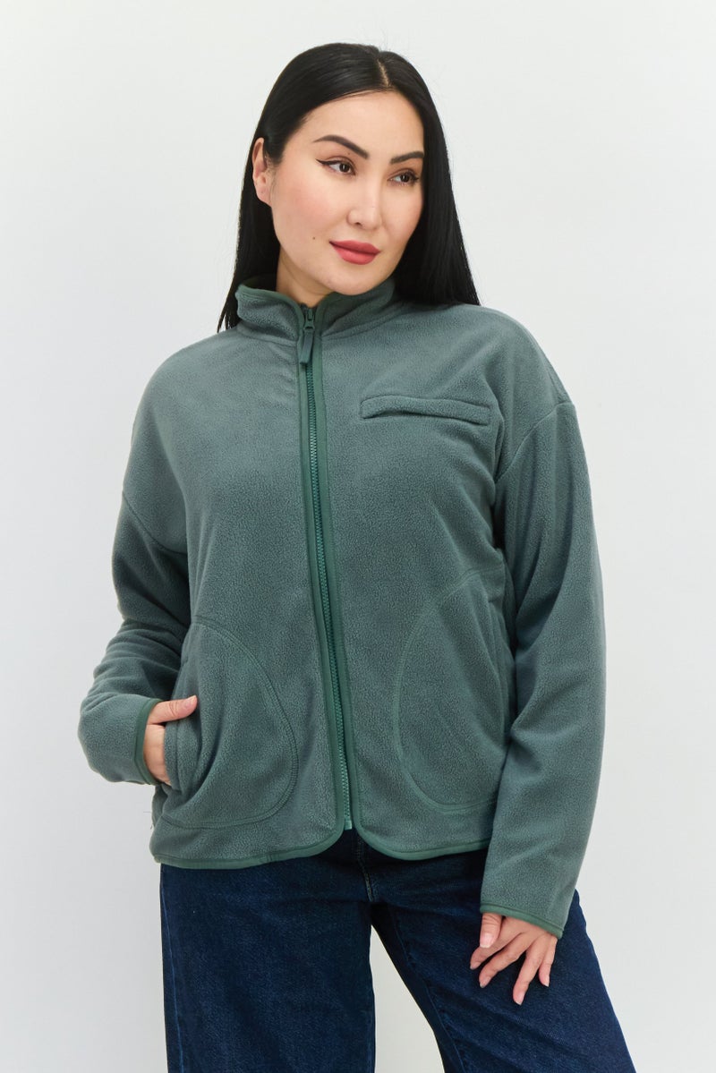 Bearpaw سويت شيرت كامل بسحاب بأكمام طويلة من القماش المنقوش للنساء، زيتوني - Image 1