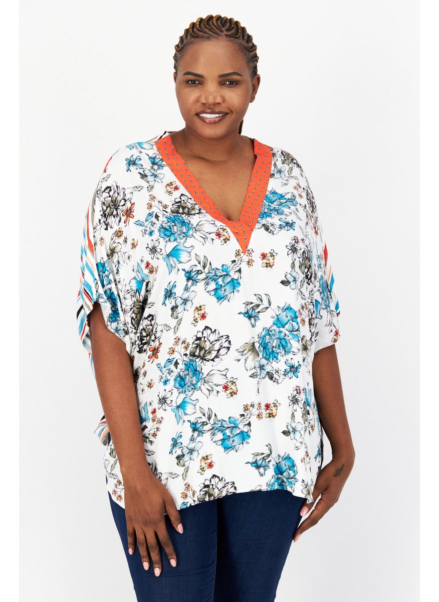 Women Plus Size V Neck Short Sleeve Floral Print Blouse, White Combo - pzsku/Z76B174097337F66CFF30Z/45/_/1724351114/186dbadb-cb42-48a1-8841-ae367ca2b43d