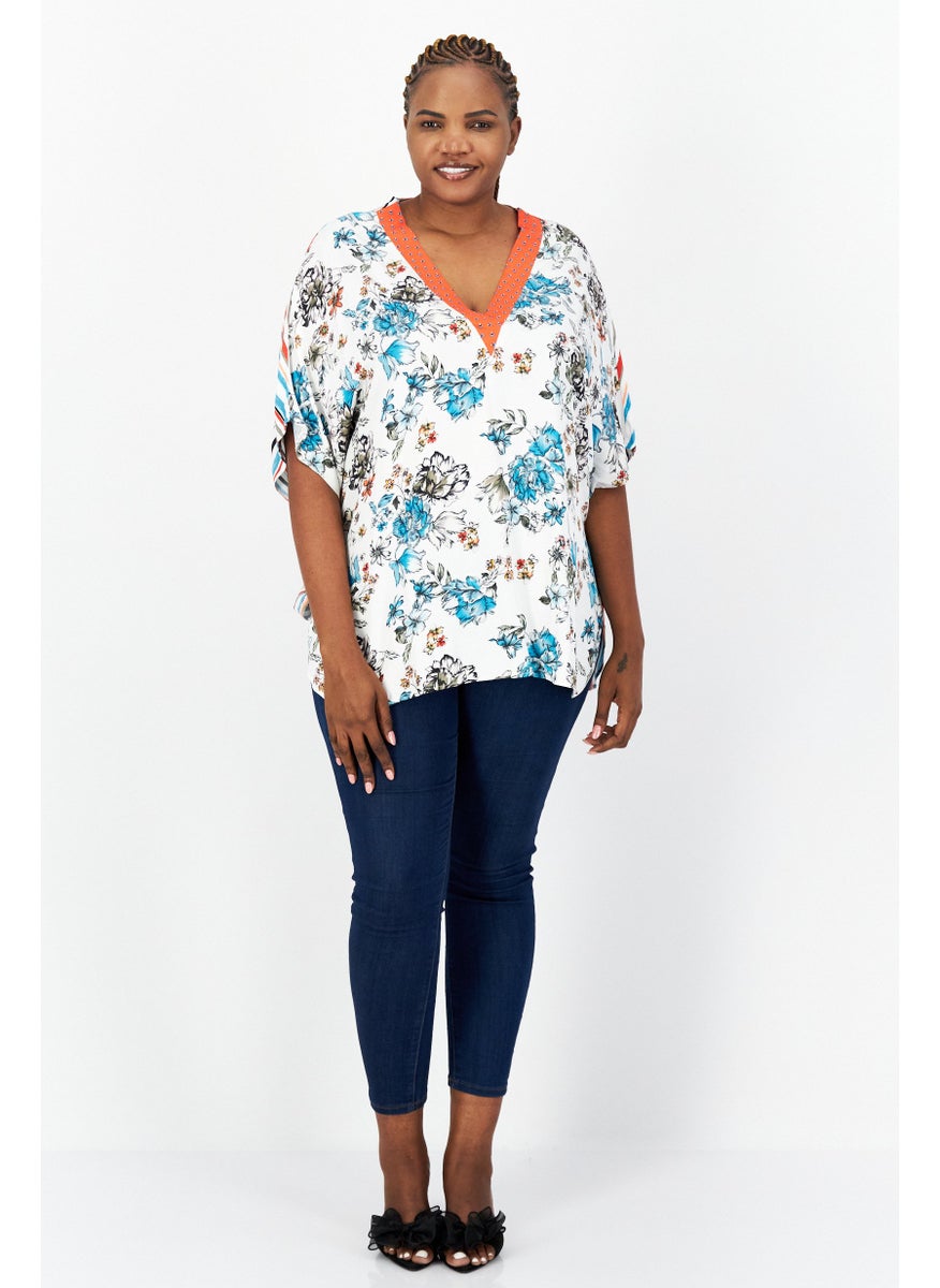 Women Plus Size V Neck Short Sleeve Floral Print Blouse, White Combo - pzsku/Z76B174097337F66CFF30Z/45/_/1740319978/a65b4250-fab4-4b37-af5c-fca66caaf273