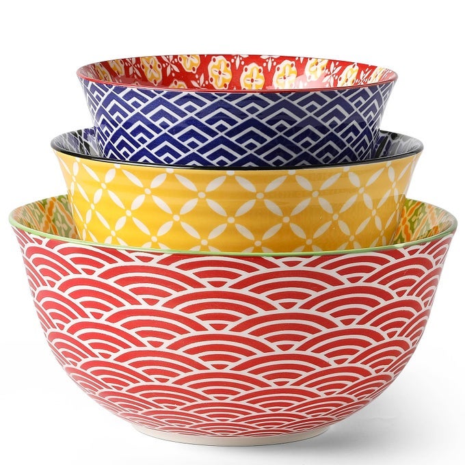 CERAMIC MIXING BOWLS FOR KITCHEN COLORFUL NESTING BOWLS LARGE SERVING BOWLS FOR PREPPING BAKING MIXING SALAD MICROWAVE DISHWASHER SAFE 372314 QT SET OF 3