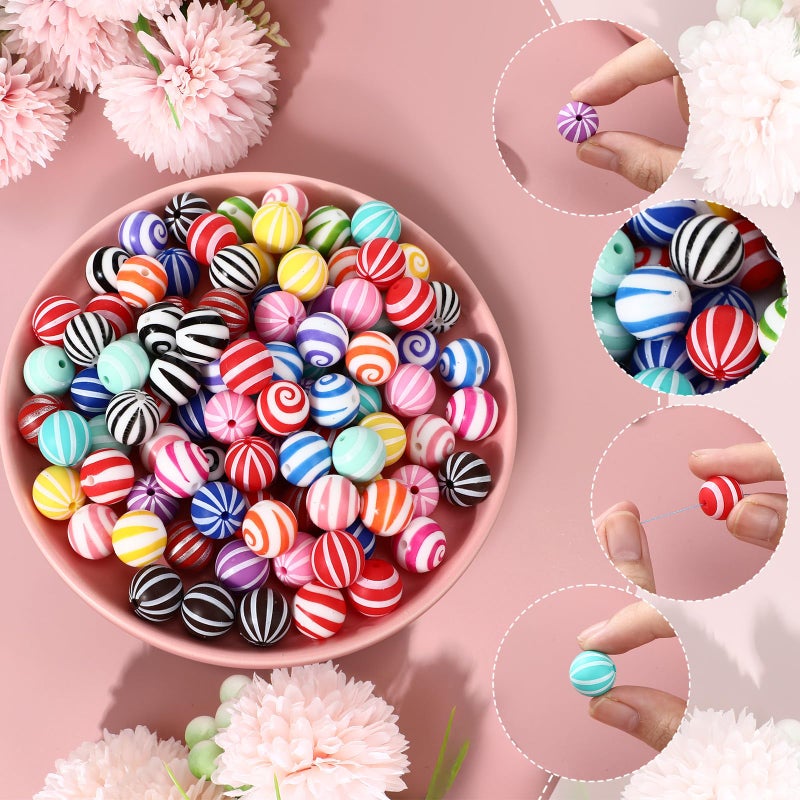 Ferreve 120 Pcs 15mm Silicone Beads Bulk Silicone Beads Print Rubber DIY Bracelet Making Kit for Keychain Making Pens Necklace Jewelry (Striped) - Image 3