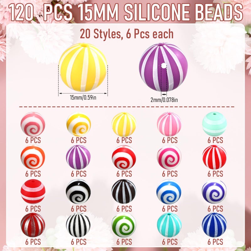 Ferreve 120 Pcs 15mm Silicone Beads Bulk Silicone Beads Print Rubber DIY Bracelet Making Kit for Keychain Making Pens Necklace Jewelry (Striped) - Image 2